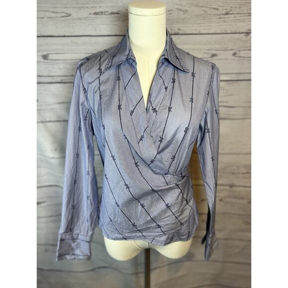 Talbots 10P 100% Cotton Novelty Bow Stripe Wrap V Neck Blouse - Picture 1 of 6
